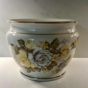 May include: White ceramic planter with a gold rim and floral design. The flowers are yellow, white, and brown.