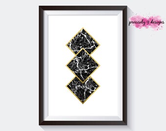 Triple Black and White Marble Diamond with Faux Gold Foil Outline, Scandinavian Marble Art, Gold Foil Art, Diamond Marble Printable Poster