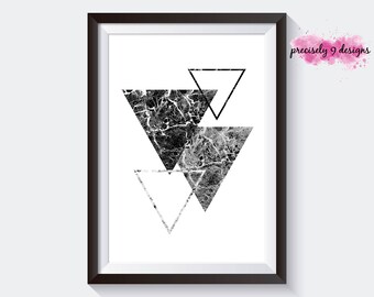Scandinavian Layered Marble Triangle Art, Black White and Grey Marble Printable Poster, Digital Art, Layered Marble Triangles