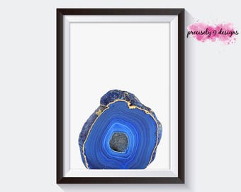 Agate Printable Poster with Faux Gold Foil, Geode Agate Print, Blue Agate, Blue Geode, Geode Print, Gemstone Art, Agate Art, Geode Art