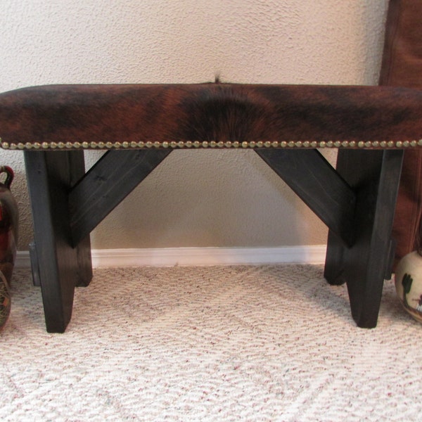Western COWHIDE BENCH 30 inch  x 11 inch D x 18 inch H  with Brazilian Cowhide Leather & Wood Stool Western Home Decor  # 95