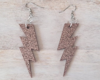 Retro Futuristic Earrings "Sparkly Cola Lightning Bolts" Brown Small French Hook Atomic 80's Glitter Laser Cut Ear Accessories
