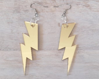 Retro Futuristic Earrings "Gold Mirror Lightning Bolts" Small French Hook Atomic 80's Glitter Laser Cut Ear Accessories