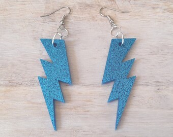 Retro Futuristic Earrings "Sparkly Blue Lightning Bolts" Small French Hook Atomic 80's Glitter Laser Cut Ear Accessories