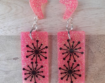 Retro Futuristic Earrings "Pink Starbursts" Clip-On GLOW In The DARK Atomic Rockabilly Mid Century Kitsch Fakelite Faux Bakelite Glitter