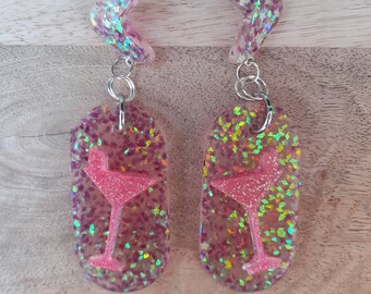 Retro Futuristic Earrings "Pink Parade Martini" Clip-On GLOW In The DARK Atomic Rockabilly Mid Century Kitsch Fakelite Faux Bakelite Glitter