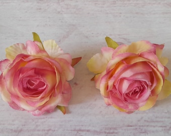 Rozen ROZE & GEEL Luxe clip-on-haarbloemen paar (2 items) middelgrote bloem ee nepbloemen bruiloft clips strandfeest bloemen roos