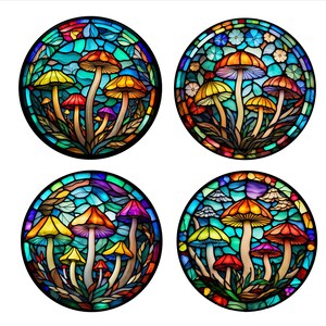 May include: Four circular stained glass designs featuring colorful mushrooms with intricate details. Each design has a different arrangement of mushrooms and background patterns.
