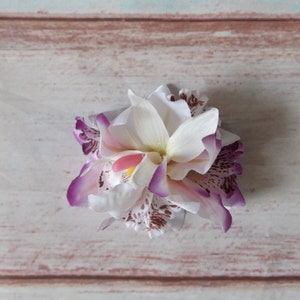 Tropical Hair Flower Surfboard Glitter Clip &quot;Sandbar Sally&quot; Tiki Faux Flowers Floral Frangipani Hibiscus Lily Rockabilly Pinup Hawaiian