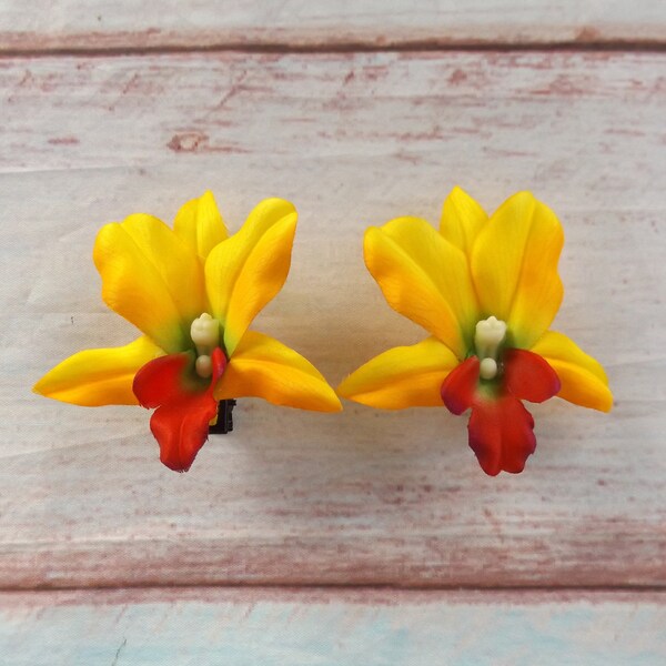 DELUXE Yellow Hair Clip On Orchids Pair (2 Items) Flowers Tiki Pinup Rockabilly Faux Floral Tropical Clips Duo Beach Party Hawaiian