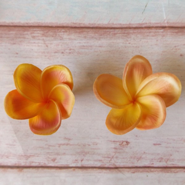 Pink & Orange Frangipani Plumeria Tropical Deluxe Clip On Hair Pair Flowers Tiki Faux Floral Clips Duo Beach Party Hawaiian Floral Orchids