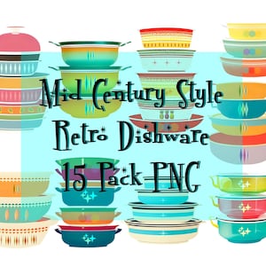 Pode incluir: Um conjunto de 15 peças de loiça de estilo vintage de meados do século em várias cores e padrões. O conjunto inclui tigelas, pratos e tampas, todos com uma estética retro.