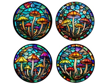 DECAL Paddestoelen Enkele of 4 Pack Stained Glass Large 9,5 cm ronde zelfklevende leadlight waterdichte raamdecoratie transparante stickers