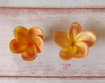 Pink & Orange Frangipani Plumeria Tropical Deluxe Clip On Hair Pair Flowers Tiki Faux Floral Clips Duo Beach Party Hawaiian Floral Orchids
