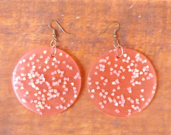 Retro Futuristic Earrings "Pink Heart Spheres" French Hook GLOW In The DARK Atomic Rockabilly Mid Century Kitsch Fakelite Bakelite Glitter