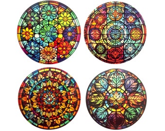 DECAL Variety Single or 4 Pack Stained Glass Large 9.5 cm Round Mandala Adhesive Leadlight Waterproof Window Decoration Transparent Decals