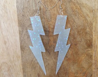 Retro Futuristic Earrings "Blue Star Lightning Bolts" Glow In The Dark Large French Hook Atomic 80's Glitter Luminous Ear Accessories