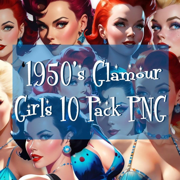 MID CENTURY PNG Elements Download "1950's Glamour Girls" Clipart 10 Pack Graphic Design Retro Kitsch Atomic Starburst High Res 300dpi