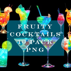 May include: A digital illustration of ten vibrant fruity cocktails in different glasses, garnished with fruit and straws. The image includes the text "FRUITY COCKTAILS 10 PACK PNG" on a teal background, set against a black backdrop.