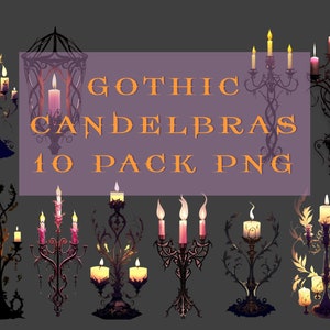 PNG Elements Download &quot;Gothic Candelabras&quot; Clipart 10 Pack Graphic Design High Res 300dpi Goth Candle Holder Flame Night Candles Spooky