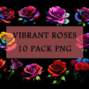 Puede incluir: Diez rosas vibrantes en varios colores, incluyendo rojo, rosa, azul y amarillo, con un fondo negro. El texto "VIBRANT ROSES 10 PACK PNG" se muestra en el centro de la imagen.