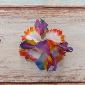 Tropical Hair Flower Surfboard Glitter Clip &quot;Rainbow Palms&quot; Tiki Faux Flowers Floral Frangipani Hibiscus Lily Rockabilly Pinup Hawaiian