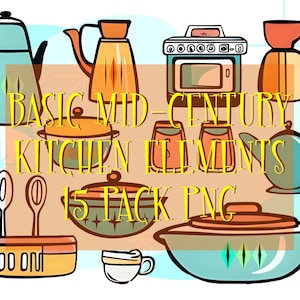 May include: A set of 15 mid-century kitchen elements in a retro style. The set includes a teapot, coffee pot, casserole dish, mixing bowls, a stove, a spoon, a whisk, and more. The image has a light blue background with white stars and a yellow banner that reads "BASIC MID-CENTURY KITCHEN ELEMENTS 15 PACK PNG".