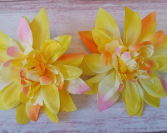 Country Daisy Clip On Hair Flowers ORANGE YELLOW Pair (2 Items) LARGE Flower Pinup Faux Floral Wedding Clips Duo Beach Party Blooms