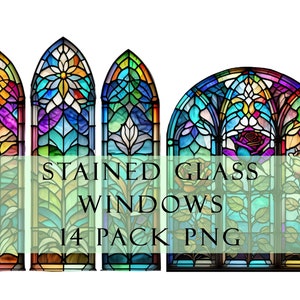 May include: A set of 14 stained glass window images in PNG format. The windows feature a variety of colorful designs, including flowers, leaves, and geometric patterns. The images are perfect for adding a touch of stained glass beauty to your digital projects.