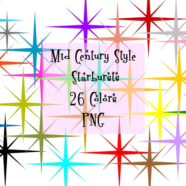 MID CENTURY PNG Elements Download "Starbursts Multi Colors" 26 Pack Clipart Graphic Design Retro Kitsch Atomic Starburst High Res 300dpi