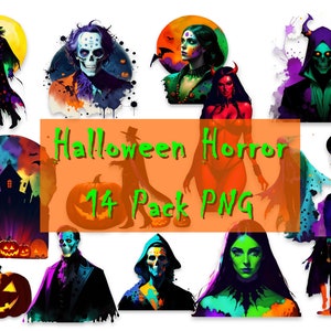 May include: A set of 14 Halloween-themed digital images featuring spooky characters, pumpkins, and a haunted house. The images are in a vibrant color palette of green, purple, orange, and black. The text "Halloween Horror 14 Pack PNG" is displayed on a bright orange background.