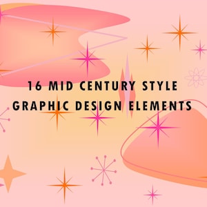 MID CENTURY Clipart PNG Elements Download "Peach Pink Cosmos" 16 Pack Graphic Design Retro Kitsch Atomic Starburst 1950's High Res 300dpi