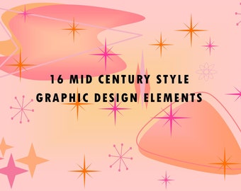 May include: A pink and orange background with 16 mid-century style graphic design elements. The elements include stars, swirls, and geometric shapes.