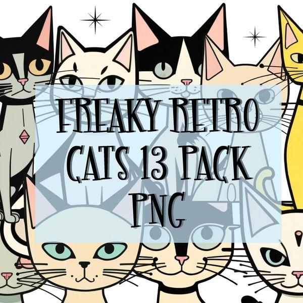 MID CENTURY PNG Elements Download "Freaky Retro Cats" Clipart 13 Pack Graphic Design Retro Kitsch Atomic Starburst High Res 300dpi