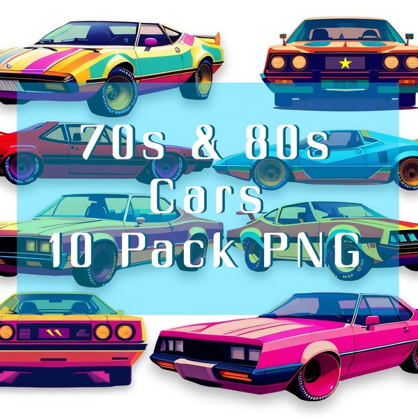 Retro PNG Elements Download "70s & 80s Cars" Clipart 10 Pack Graphic Design Retro Kitsch Seventies Eighties Cars 1980s 1970s High Res 300dpi