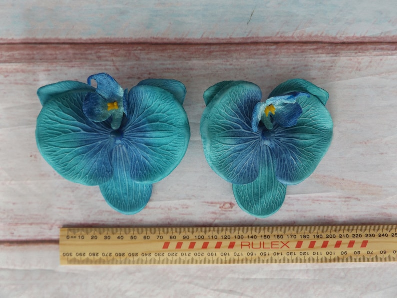 Flowers Tiki Pinup Rockabilly Faux Floral Tropical Clips Duo Beach Party Hawaiian Floral Lily Pad Orchids Clip On Hair BLUE Pair 2 Items
