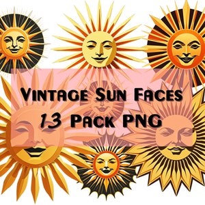 May include: A set of 13 vintage sun face illustrations in PNG format. The sun faces are stylized with a black and gold color scheme and have a retro feel.