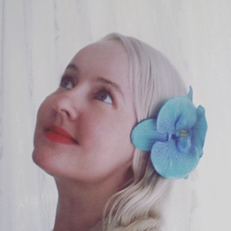 Flowers Tiki Pinup Rockabilly Faux Floral Tropical Clips Duo Beach Party Hawaiian Floral Lily Pad Orchids Clip On Hair BLUE Pair 2 Items