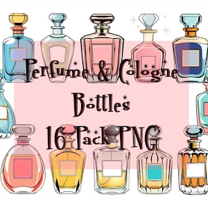 May include: A set of 16 colorful perfume and cologne bottles in various shapes and sizes. The bottles are all decorated with intricate details and have a vintage aesthetic. The text "Perfume & Cologne Bottles 16 Pack PNG" is displayed on a pink background.