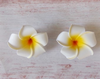 White, Yellow & Orange Frangipani Plumeria Tropical  Clip On Hair Pair Flowers Tiki Faux Floral Clips Duo Beach Party Hawaiian Floral Orchid