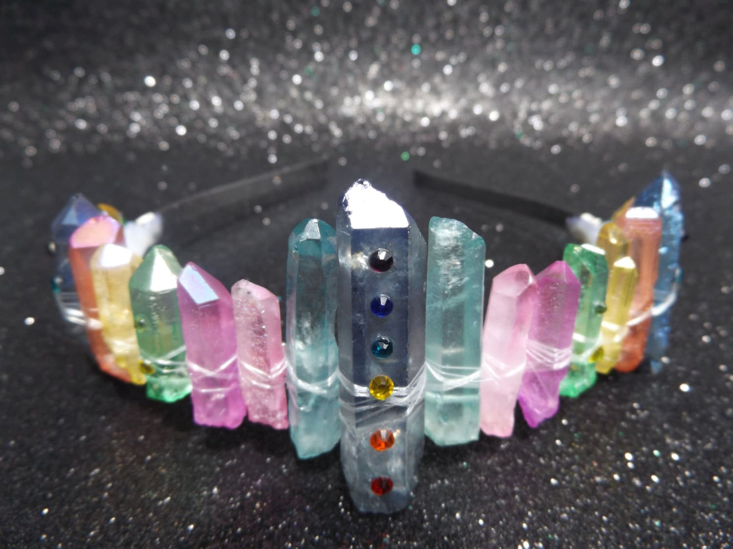 Clear Quartz w/ Rainbow Aura Wire Wrapped Hairpin Set Handmade Craft Bohemian Rainbow Aura Quartz Crystal Hair Clips: Tourmaline & Pyrite  main image 4