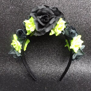 Black Lime Rose Hair Flower Crown Garland Head Band Goth Day Of The Dead Dia De Los Muertos Wreath Floral Festival Hippy Hipster Bridal Boho