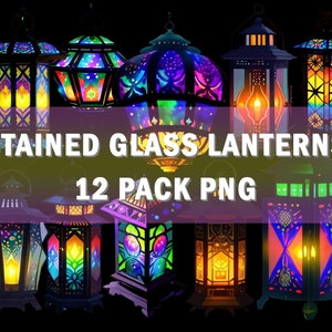 PNG Elements Download &quot;Stained Glass Lanterns&quot; Clipart 12 Pack Graphic Design High Res 300dpi Goth Candle Lantern Flame Night Light Luminous