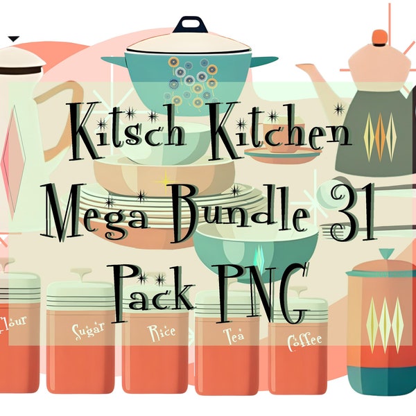 MID CENTURY PNG Elements Download "Kitsch Kitchen Mega Bundle 31 Pack" Clipart Graphic Retro Kitsch Comic Vintage Diner High Res 300dpi