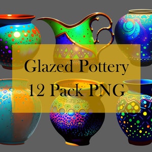 May include: A set of 12 colorful glazed pottery pieces, including vases and a pitcher, with various geometric and polka dot patterns. The pottery is decorated with bright colors, including blue, green, yellow, and purple.