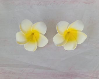 White & Yellow Frangipani Plumeria Tropical  Clip On Hair Pair Flowers Tiki Faux Floral Clips Duo Beach Party Hawaiian Floral Orchids