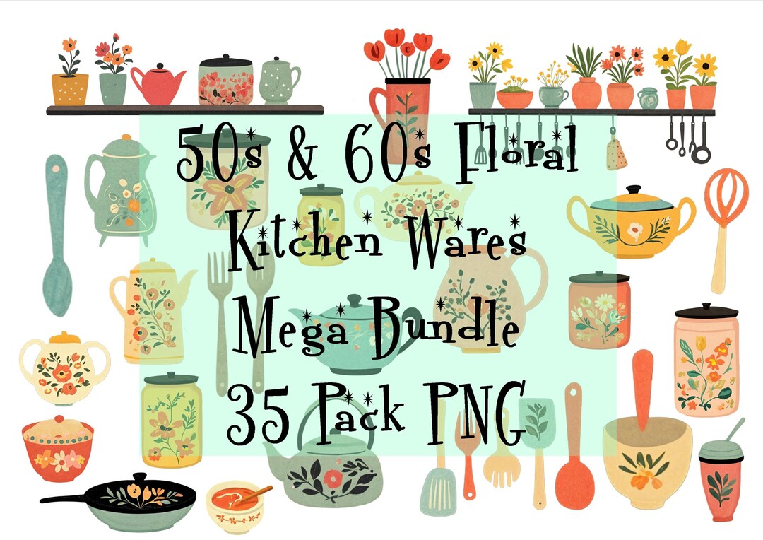 vintage floral kitchen scene clipart set graphic by... MID CENTURY PNG Elements Download "50s & 60s Floral Kitchen Wares Mega ...