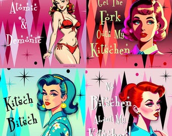 Retro stickers set van 4 kitsch vintage huisvrouw humor starbursts jaren 50 50 halverwege de eeuw zelfklevend 10 x 10 cm cadeau GRATIS VERZENDING wereldwijd