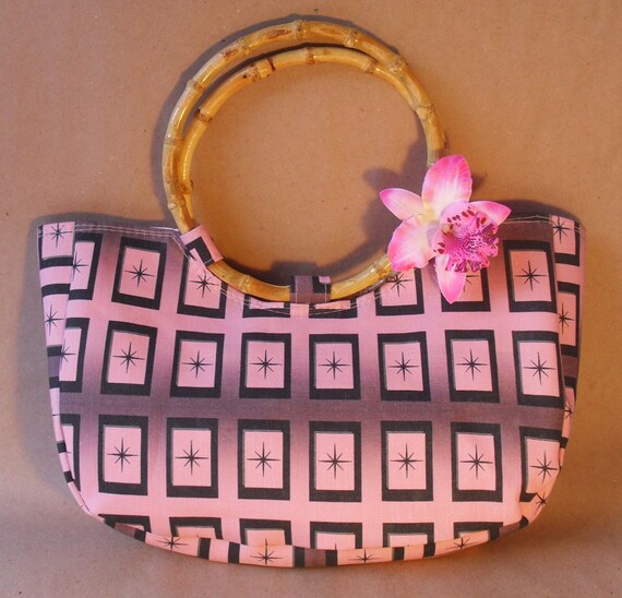 Pink Starburst Square Bamboo Handle Bag Handbag Bags Tiki Retro