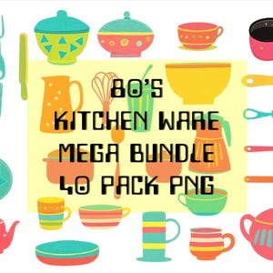 以下が含まれることがあります： PNG形式のレトロなキッチン用品イラスト40点セット。イラストは、ボウル、プレート、マグカップ、ティーポット、泡立て器、スパチュラ、フライパンなど、さまざまなキッチン用品を特徴としています。イラストは、1980年代を彷彿とさせる明るくカラフルなスタイルです。